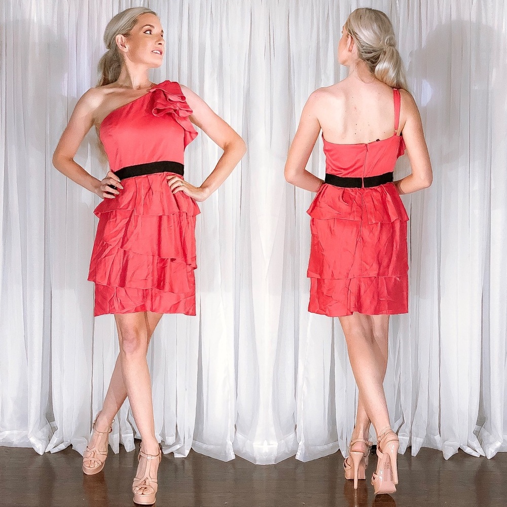 BCBG Coral Tier One Shoulder Cocktail Party Dress